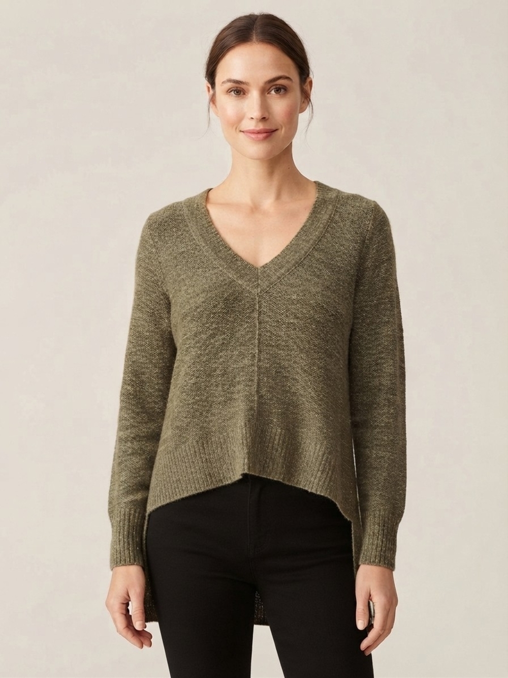 Eileen Fisher Olive Green Wool Linen Silk V-Neck High Low Sweater XS EUC